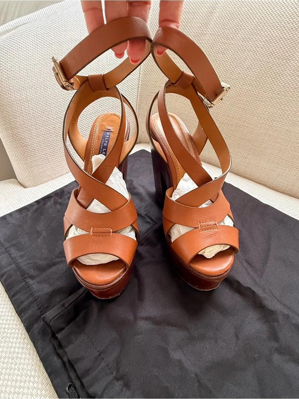 Ralph Lauren Collection Cognac Leather Strappy Platform Sandals